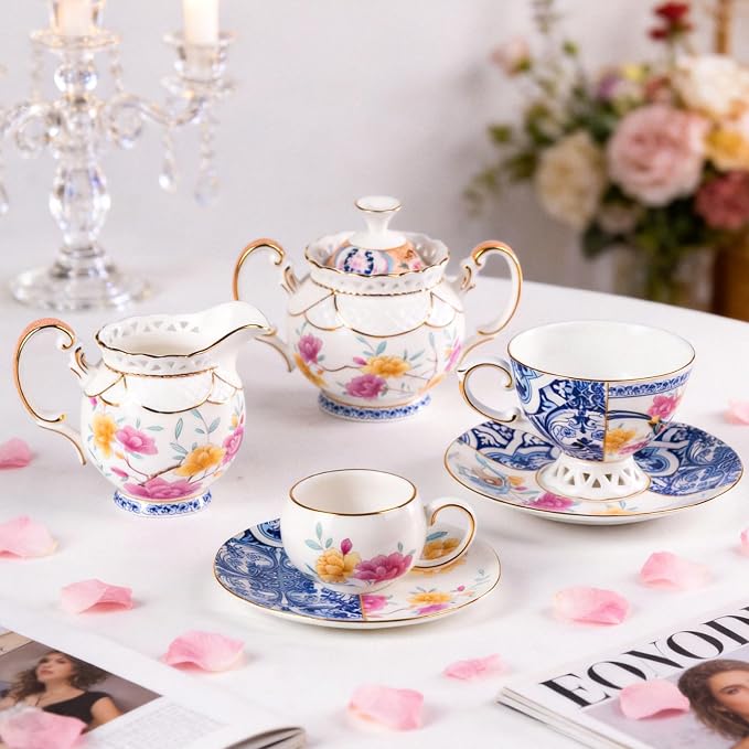 KAMMAK Tea Cups and Saucers Set of 2, Fine Bone China Coffee Cups, GH015 |