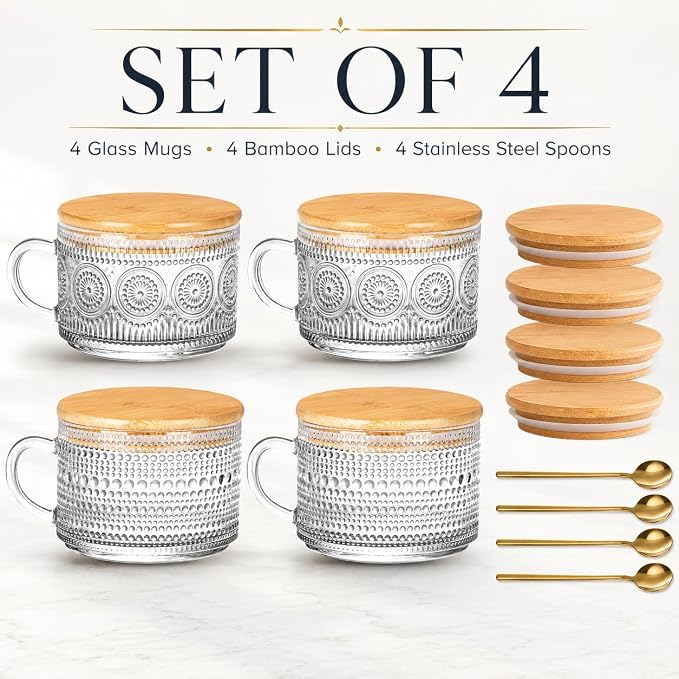 Semderm Vintage Glass Coffee Mugs Set of 4, Overnight Oats Containers - 14oz