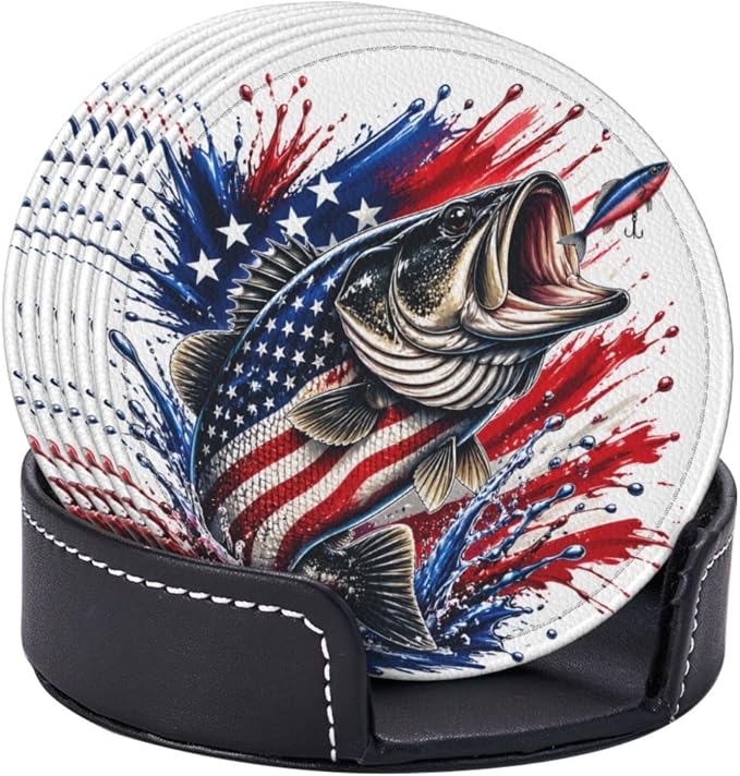 Patriotic Bass Fishing Splash Leather Coasters Set of 6