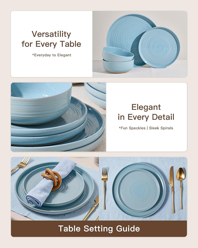 Dinnerware Set for 4, Ceramic Plates and Bowls, Ice Blue | 12 pcs Speckled