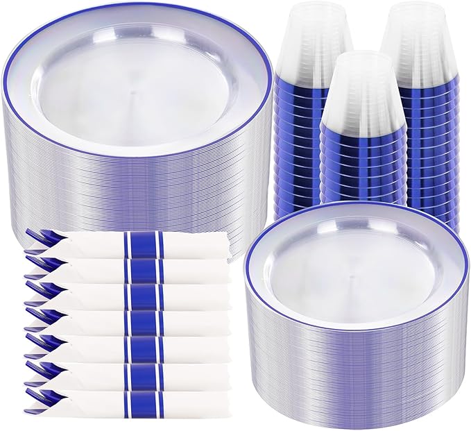 SUT 350 Pcs Blue and Clear Plastic Dinnerware Set