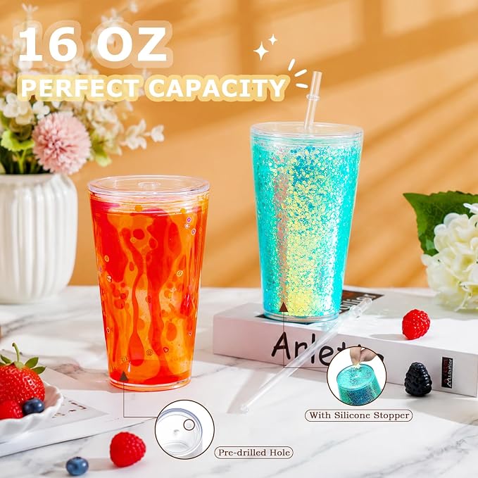 8 Pack 16 Oz Acrylic Snowglobe Tumbler, Pre-Drilled Double Wall Plastic Kids