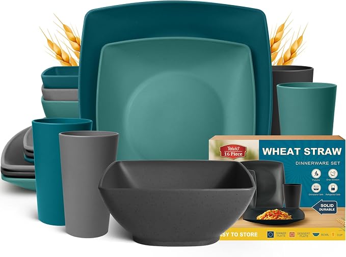 Teivio 16-piece Plastic Wheat Straw Square Dinnerware Set