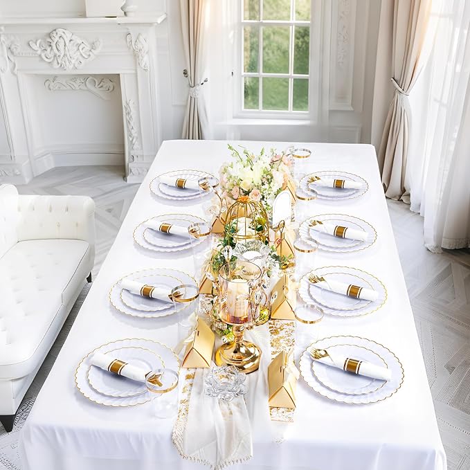 YOUBET 350PCS White and Gold Scalloped Plastic Plates
