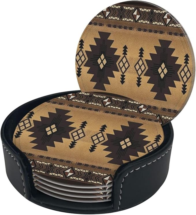 6 Pcs Brown Western Southwest Modern Geometric Abstract Art Leather Coasters