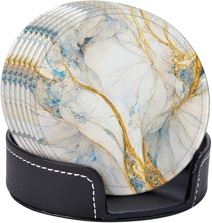 6 Pcs Abstract Luxury Blue Gold White Colors Marble Leather Coasters