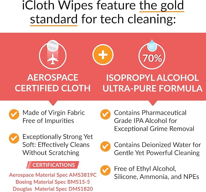 iCloth 70% Isopropyl Alcohol Large Screen and Electronics Wipes, Streak-Free