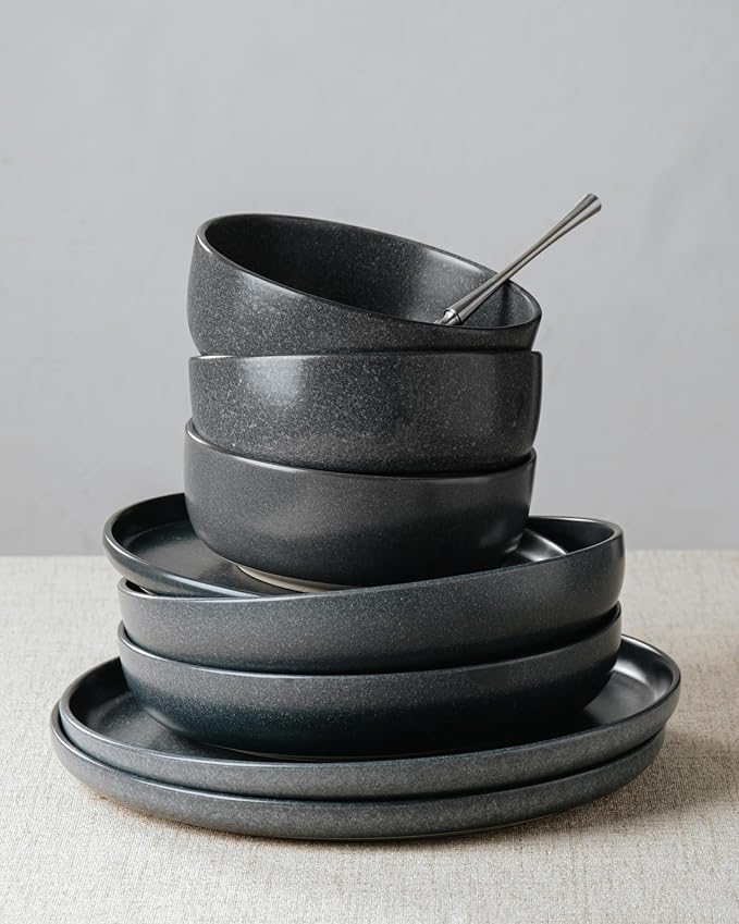 Famiware Milkyway 16-Piece Stoneware Plates and Bowls, Matte Dark Charcoal |