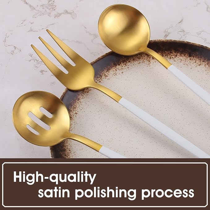 VANVRO Matte White Gold Serving Silverware Set, 5-Piece Round Shared Utensils