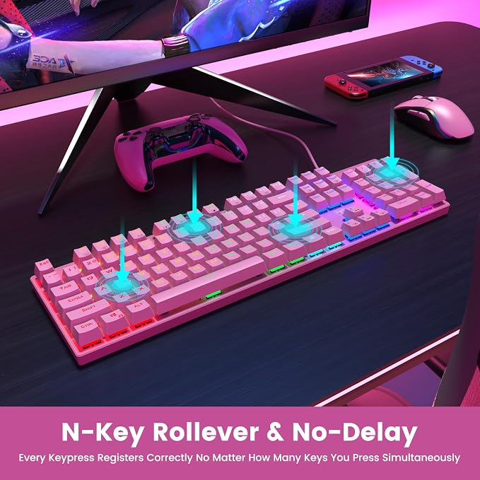 RisoPhy Mechanical Gaming Keyboard, RGB 104-Key Ultra-Slim Backlit USB Wired