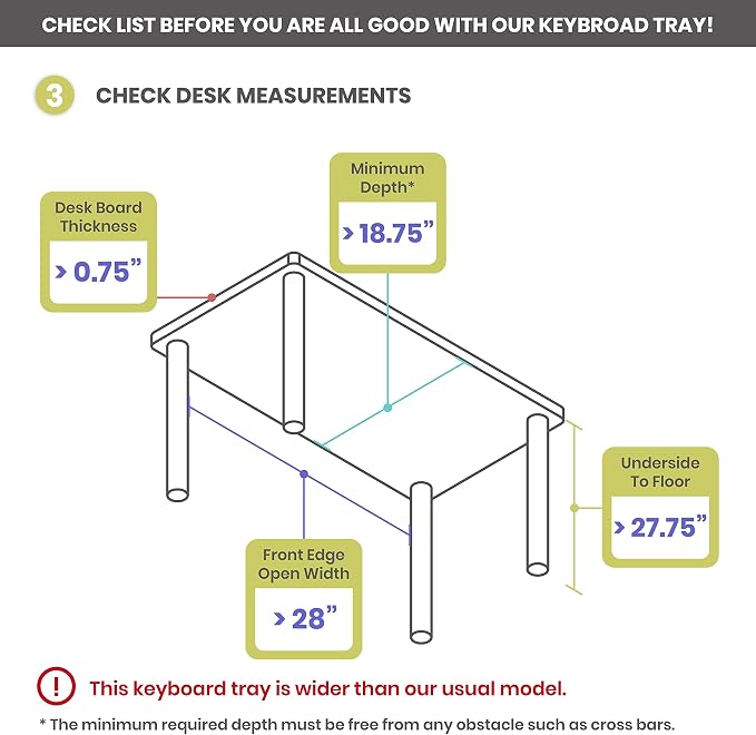 Under Desk Keyboard Tray, 17.75" Track, One Knob Control, Undermount Sliding