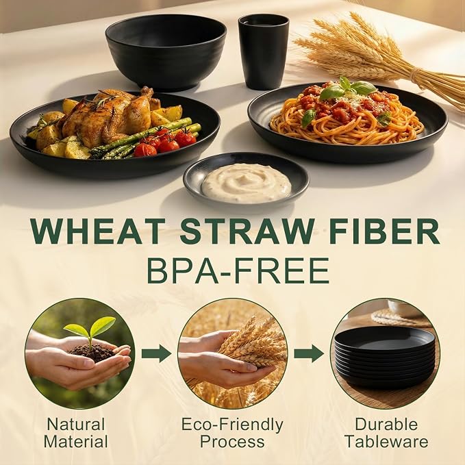 Plates and Bowls Sets for 8, Wheat Straw Dinnerware Sets 40 Piece, Unbreakable