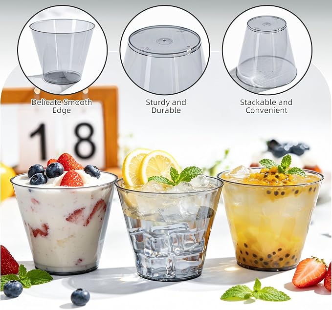 50 Pack 9oz Transparent Black Plastic Cups, Fancy Disposable Cocktail Cup |
