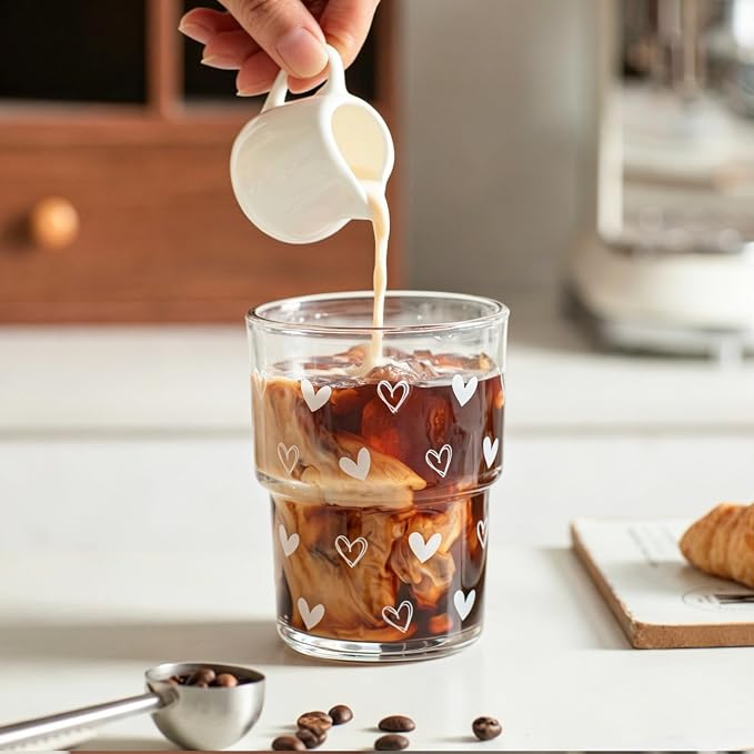 INSETLAN 13 oz Heart Decal Glass Tumblers Set of 2, Thick Wall Glass Cups