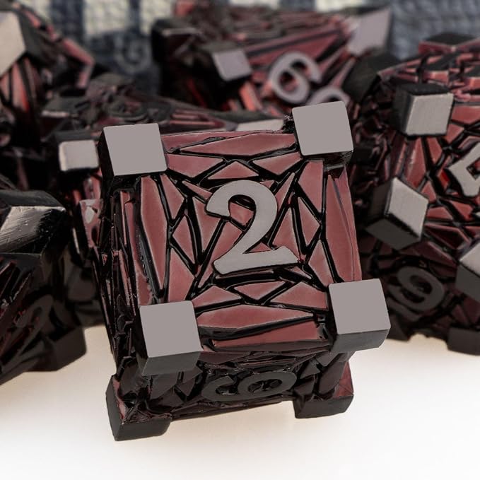 7PCS Metal DND Dice Set with Box, Debris RPG Red D and D Dice