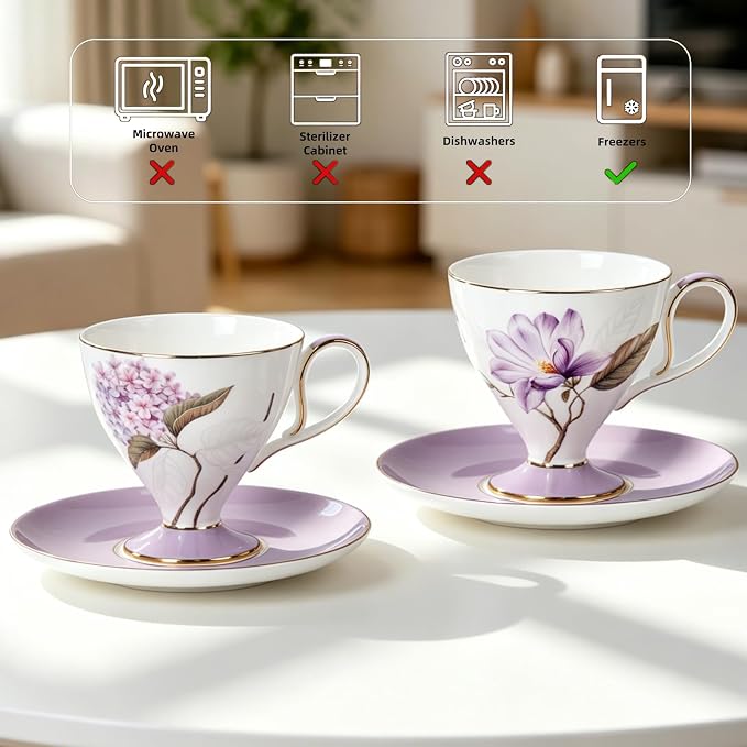KAMMAK Tea Cups Set of 2, Ceramic Floral Pattern Demitasse Cup | Porcelain