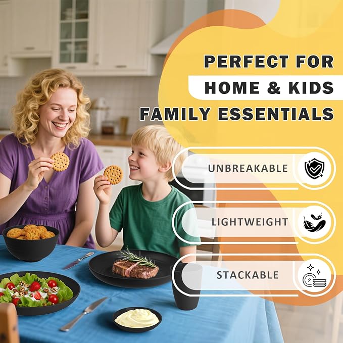 Wheat Straw Dinnerware Sets 16 PCS, Unbreakable Kids Plates and Bowls