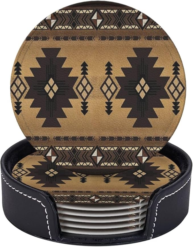 6 Pcs Brown Western Southwest Modern Geometric Abstract Art Leather Coasters
