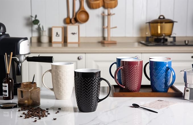 AmorArc 20 oz Large Coffee Mugs Set of 6, Embossed Ceramic Coffee Mugs