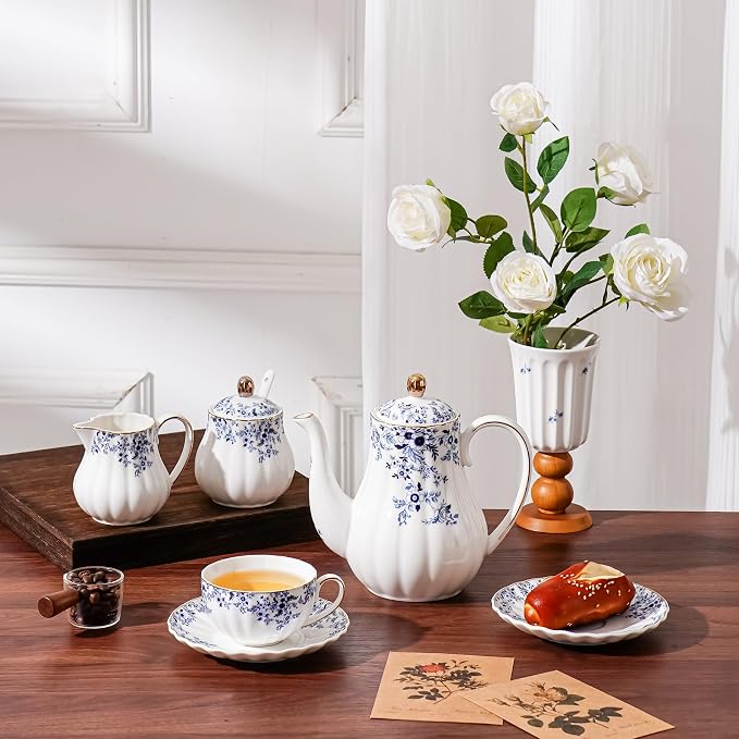Ceramic Tea Set Vintage Floral, Teapot， Cup and Saucer Set, Sugar Bowl and