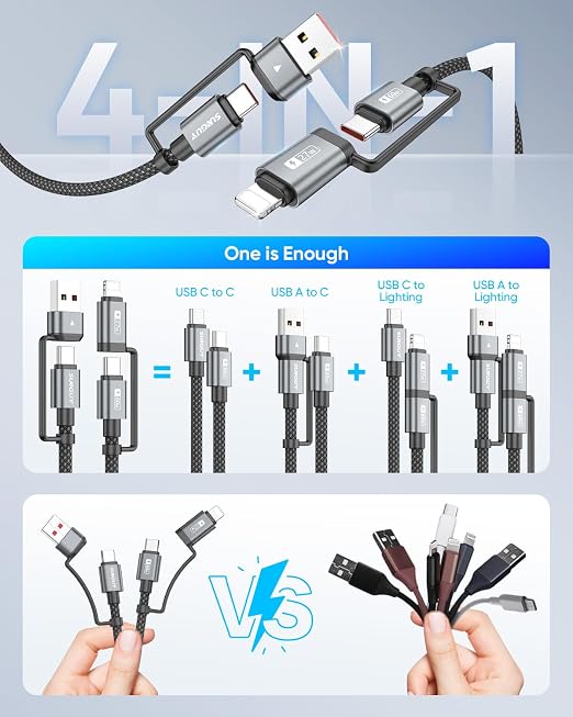 SUNGUY 4 in 1 Charging Cable 6FT, 60W Multi Charging Cable, USB-C/A to