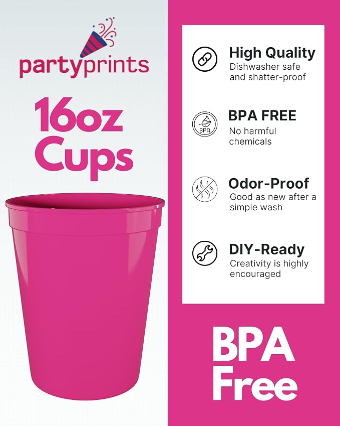 PartyPrints 10 Pack 16 oz Neon Pink Reusable Blank Plastic Cups, Stadium Cups