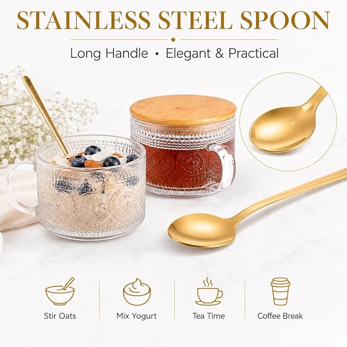 Semderm Vintage Glass Coffee Mugs Set of 4, Overnight Oats Containers - 14oz