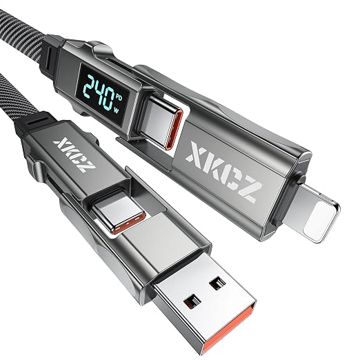 4 in 1 USB C Cable with Wattage Display, 240W Flat Nylon Braided Multi Charge