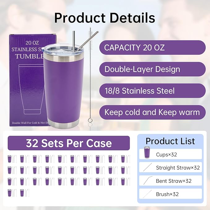 IEOVIEE 32 Pack 20oz Stainless Steel Insulated Bulk Tumblers