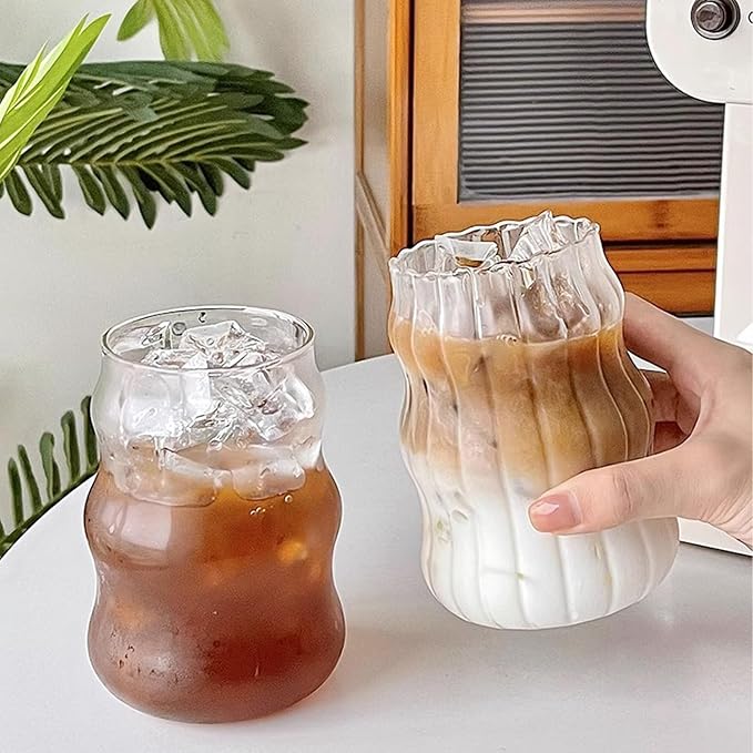 2 Pcs Ribbed Glass Cups 18 Oz Vintage Drinkware Wavy Ribbed Design Ideal