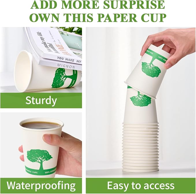 Vplus 270 Pack Compostable Paper Cups, 12 oz Paper Coffee Cups | Biodegradable