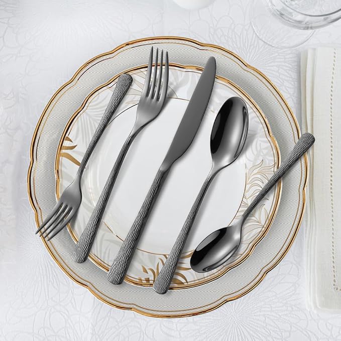 Hammered Black Silverware Set, Flatware Set, 18/10 Stainless Steel Premium