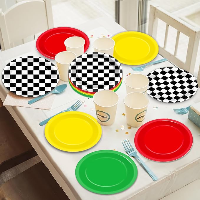 48Pcs Race Car Party Decorations Supplies Red Green Yellow Dinnerware