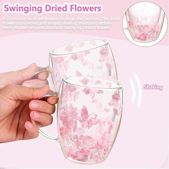 Gifts for Women Dried Flowers Double Wall Glass Coffee Mugs Cute Glass Tea Cups
