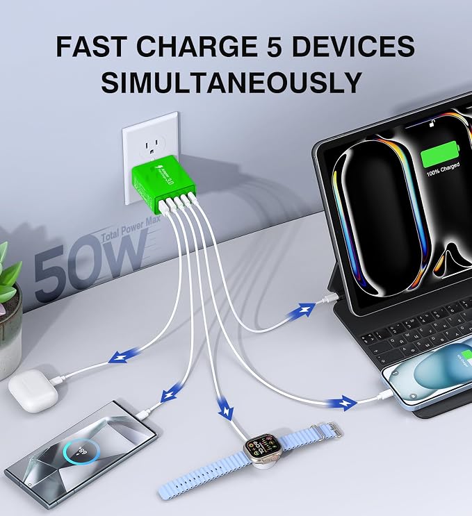 2 Pack 50W USB C Fast Charger Block, 5-Port Type C Wall Charger Brick, 2 USB A