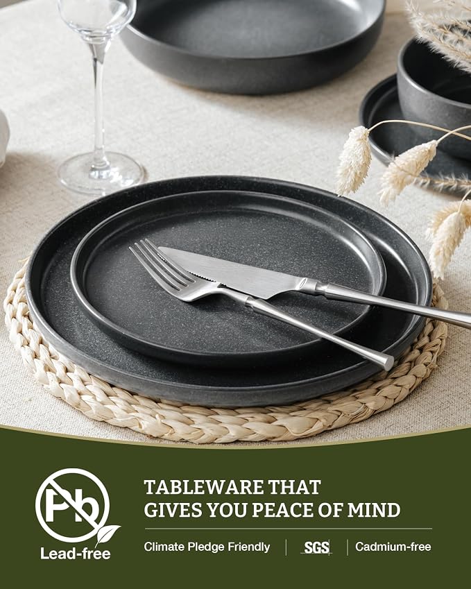 Famiware Milkyway 16-Piece Stoneware Plates and Bowls, Matte Dark Charcoal |