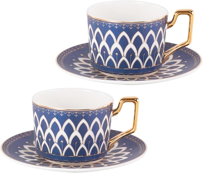 KAMMAK Tea Cups and Saucers Set of 2, Fine Bone China Coffee Cups, NX027 |