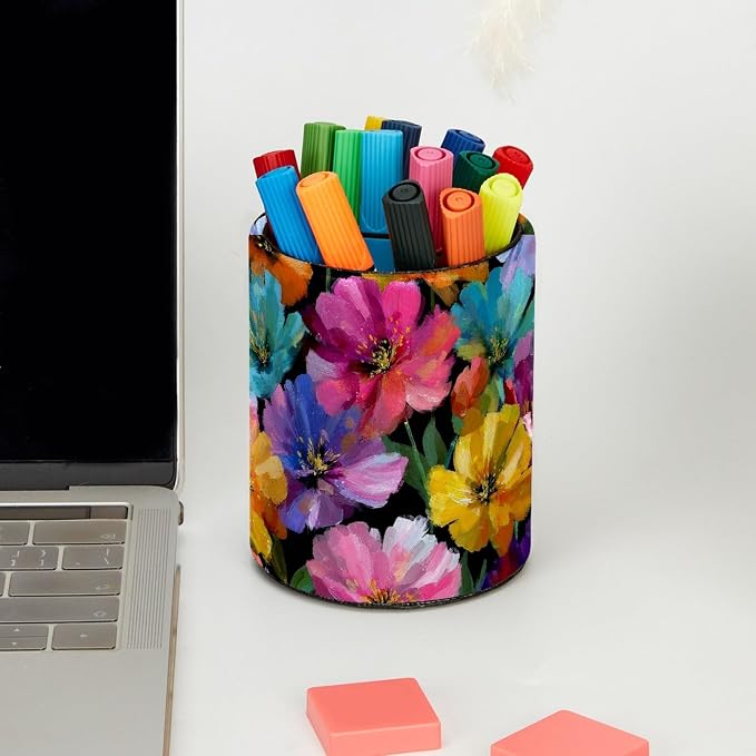 Leather Pen Holder for Desk, Oil Painting Flower Pencil Cup Pen Organizer