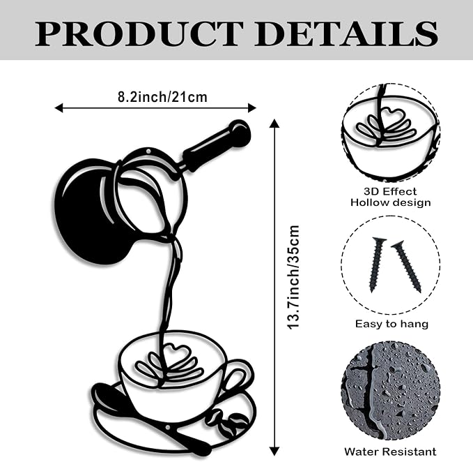 Oubasa Metal Pour Coffee Cup Wall Decor, Minimalist Cafe Themed