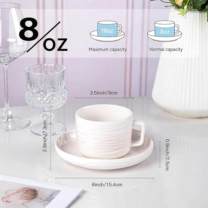 Tea Cups and Saucers Set, 8 OZ White Porcelain Coffee Cups | British Tea Set of