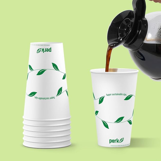 Perk Compostable Paper Hot Cups, 16 oz White/Green, Disposable Coffee Cups