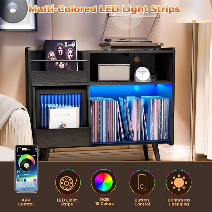 Large Record Player Stand with Sliding Door, 350 Vinyl Record Storage Cabinet