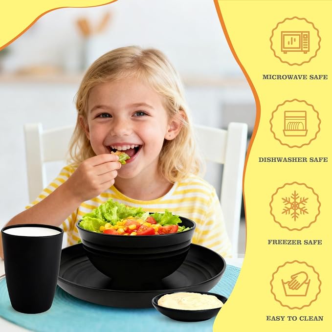 Wheat Straw Dinnerware Sets 16 PCS, Unbreakable Kids Plates and Bowls