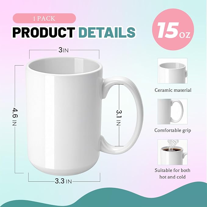 Joyclub 1 Set Sublimation Mugs Blank 15 oz Coffee Mugs Bulk White Ceramic Cups