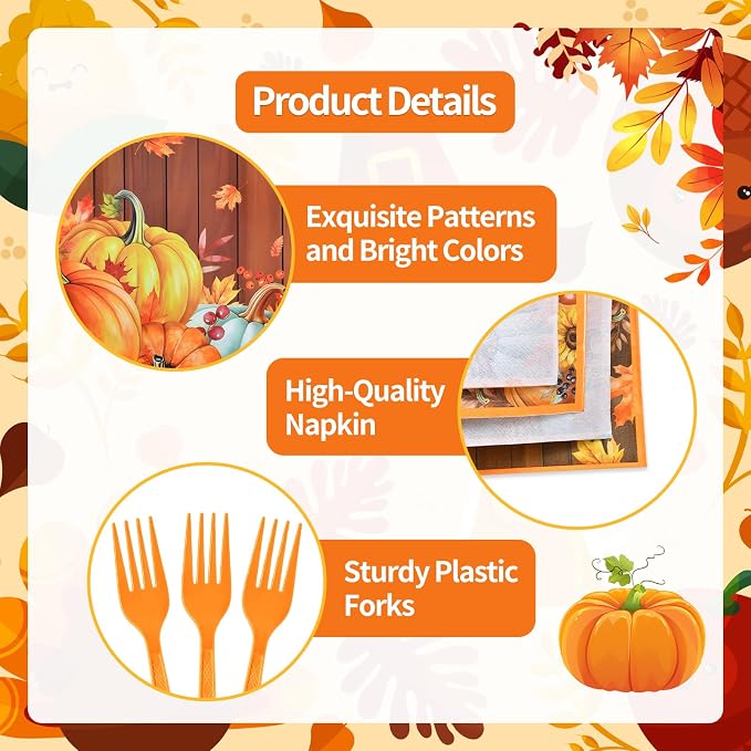96 Pieces Thanksgiving Pumpkin Tableware Set Party Supplies