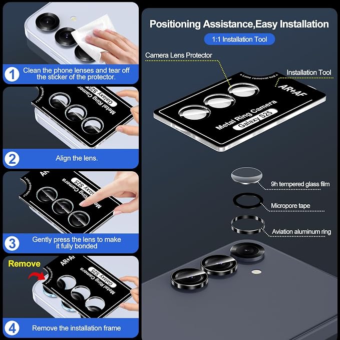 for Samsung Galaxy S25 Camera Lens Protector, Individual Metal Ring Tempered