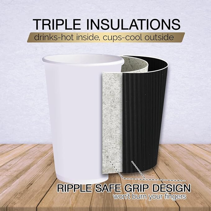 JollyPack Disposable Paper Coffee Cups, 12 oz, 60 Pack, Insulated Ripple Wall
