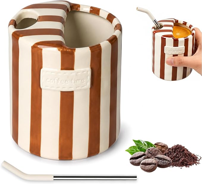 Ceramic Coffee Mug with Sip Hole, 10oz Retro Striped Coffee Cups, Cute Ceramic