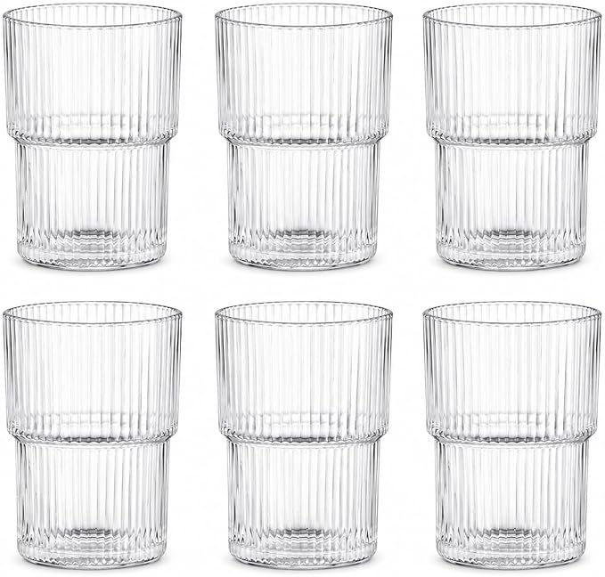 Clear Ribbed Glass Cups, 13 oz Stackable Drinking Glasses