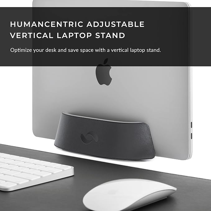 HumanCentric Vertical Laptop Stand in Vegan Black Leather, Upright Adjustable